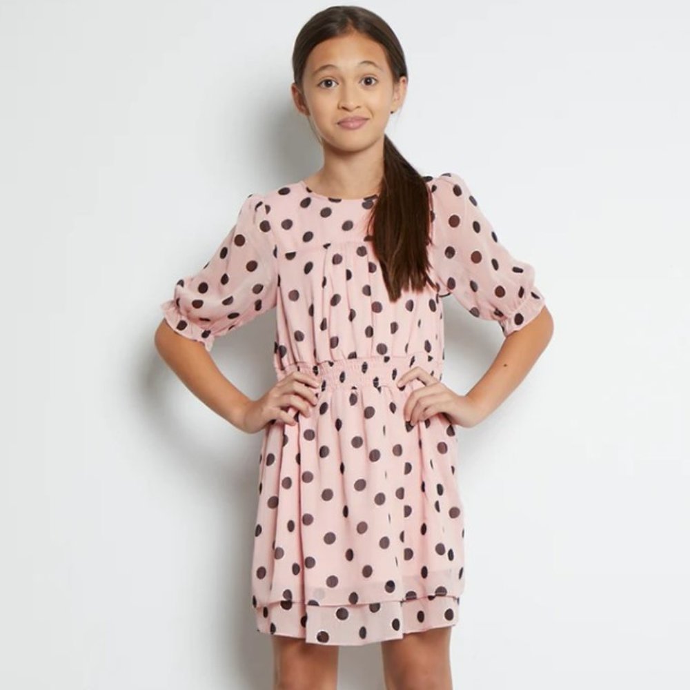 Kidpik Pink & Black Puff Sleeve Polka Dot Smocked Waist Tiered Dress Size L (12)